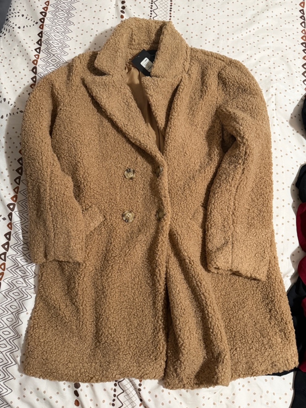 Fashion Nova Camel Teddy Double-Breasted Coat